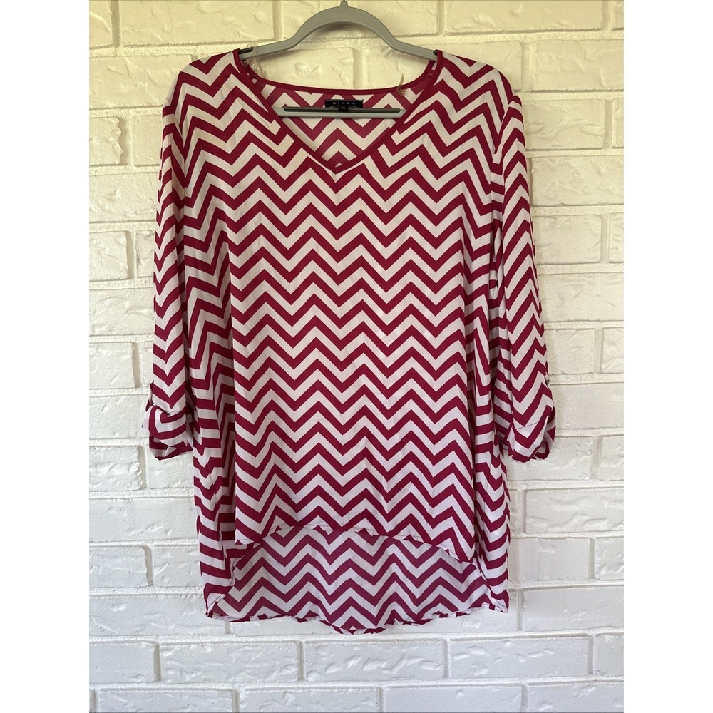 Kiara Blouse Top Womens XL Pink Red White Zig Zag Striped Roll Tab Long Sleeve